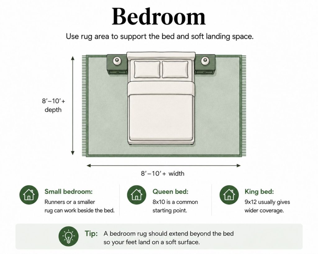 rug size for a bedroom in different sizes: for small bedrooms, it is doable to choose a smaller rug beside the bed, for queen bed, 8x10 can do the job, and for king bed, 9x12 is often a good choice