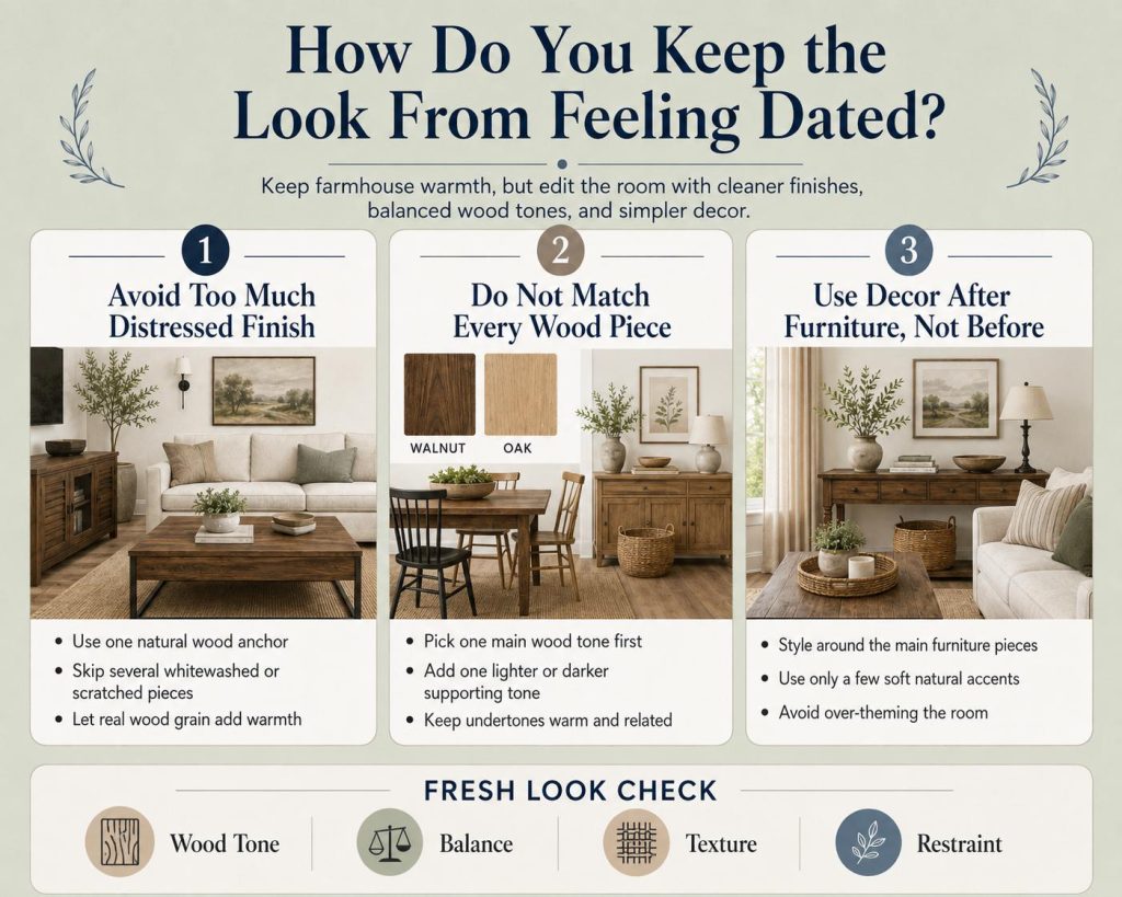 the way to keep the look from feeling dated: avoid too much distressed finish, do not match every wood piece, and use decor after furniture not before