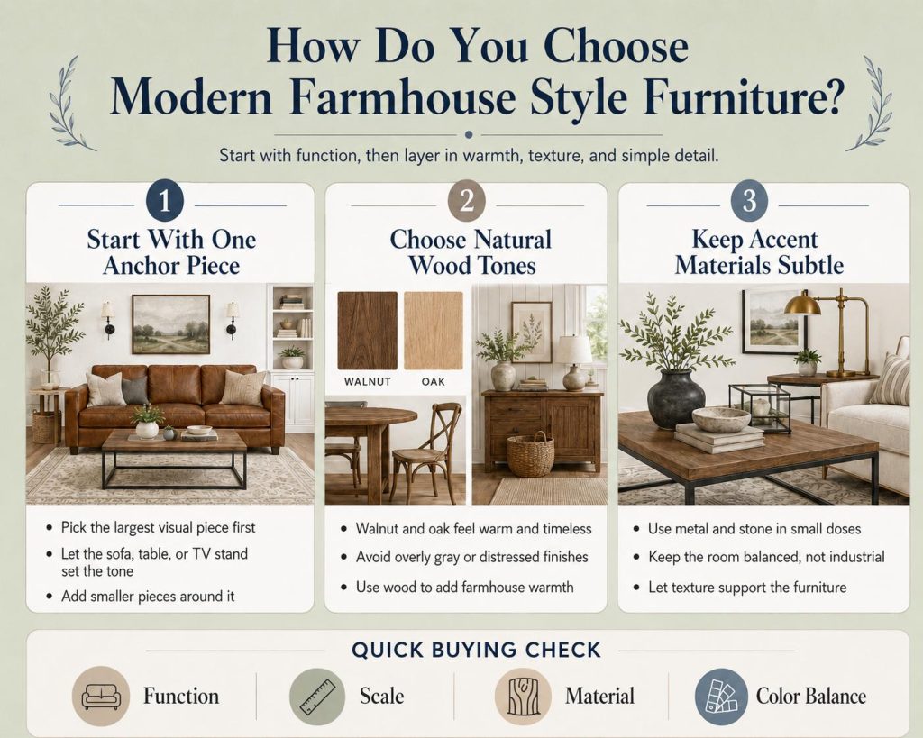 steps to choose modern farmhouse style furniture: start with one anchor piece, choose natural wood tones, and keep accent materials subtle