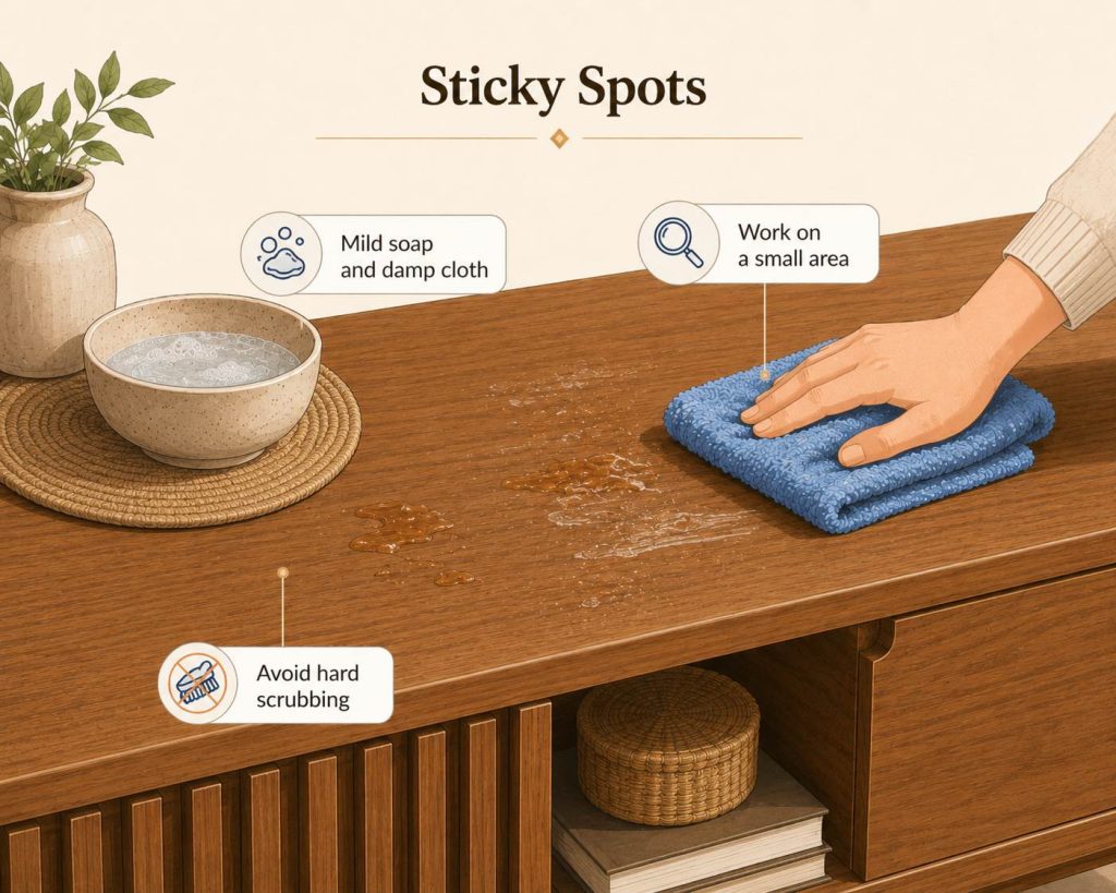 Sticky wood can come from food residue, old polish buildup, humidity, or a finish that is starting to break down. Start with mild soap and a damp cloth. Work on a small area, dry it, and check the surface.