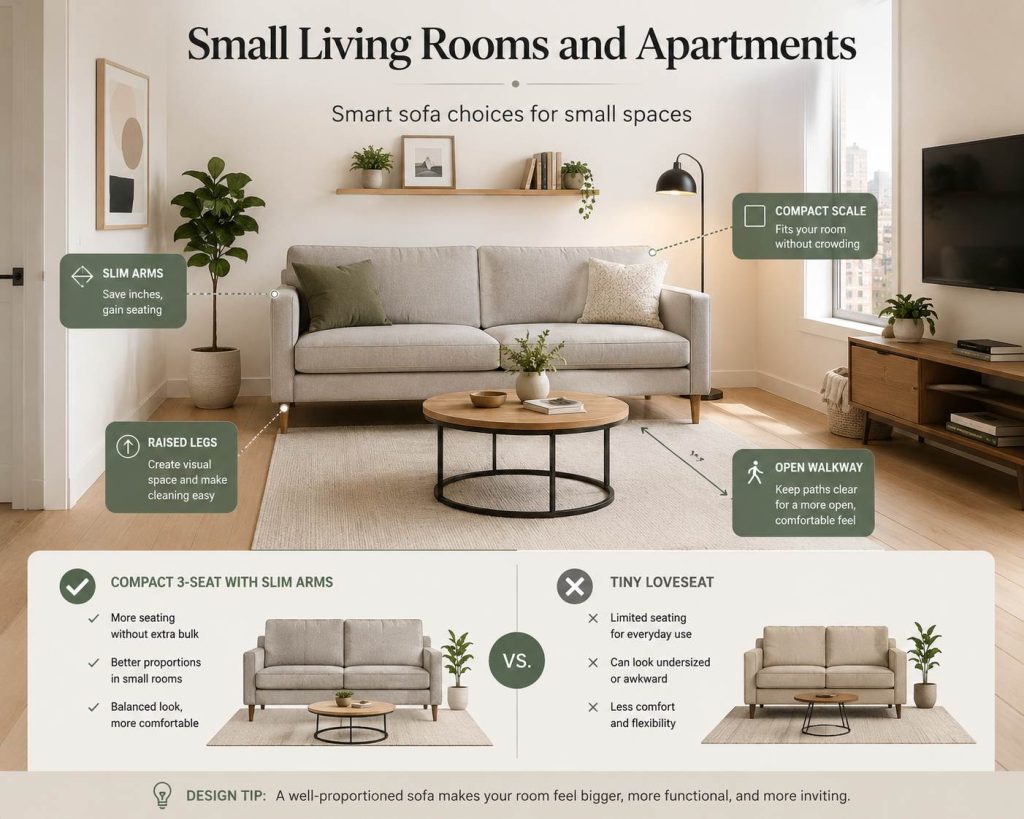 smart sofa choices for small spaces like small living rooms and apartments: choose couch with slim arms, raised legs, compact scale and p[en walkway