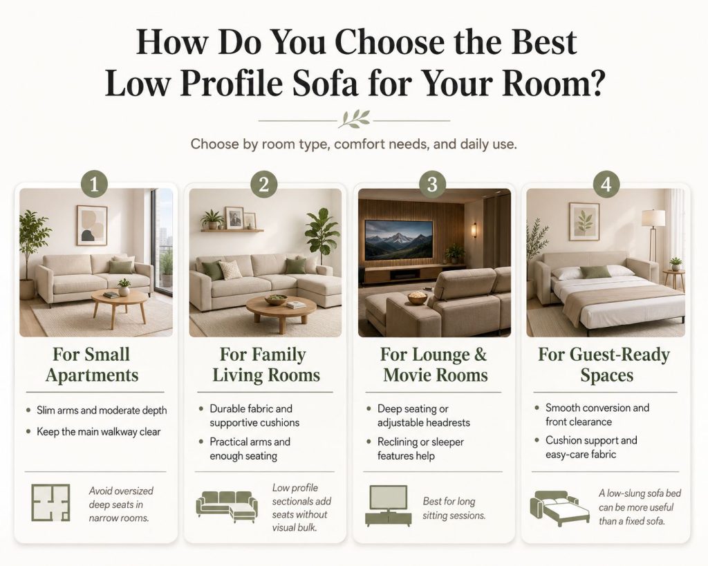 choose the best low profile sofa for your room, choose by room type, comfort needs, and daily use.
