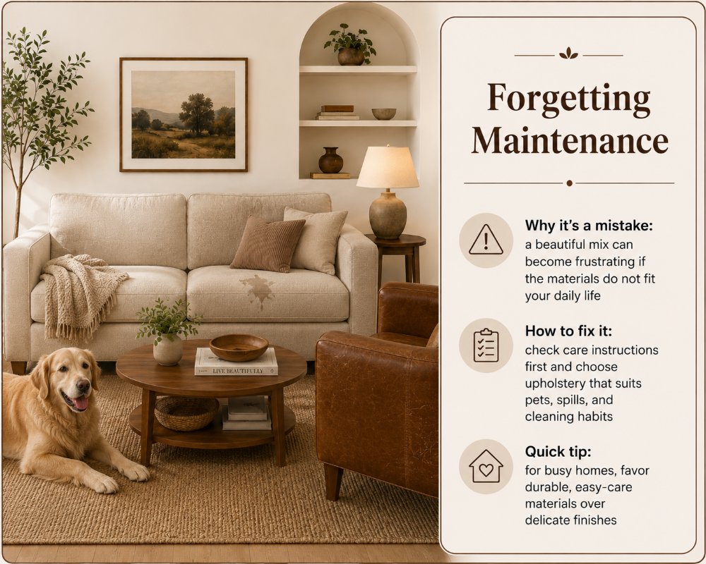 Common Mistakes When Mixing Leather and Fabric: forgetting maintenance