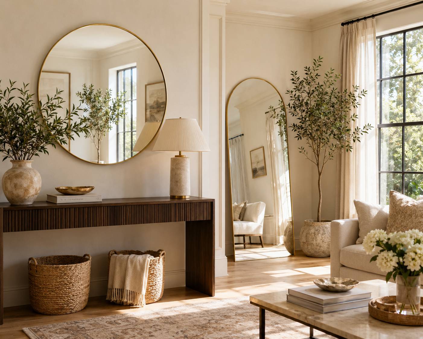 Sunlit neutral living space with round and arched mirrors, wooden console, greenery, and soft textures creating an airy designer-style reflection.