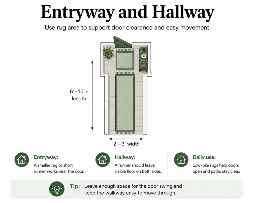 rug size for different rooms: for entryway, it is better to use a smaller rug or short runner, for hallway, it is a good choice to use a runner