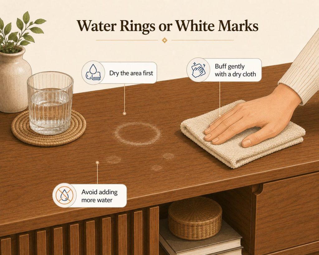 A white ring usually means moisture is trapped in or near the finish. First, dry the area completely and wait. If the mark is fresh, gentle buffing with a dry microfiber cloth may help. Avoid adding more water, baking soda paste, or abrasive powder right away.
