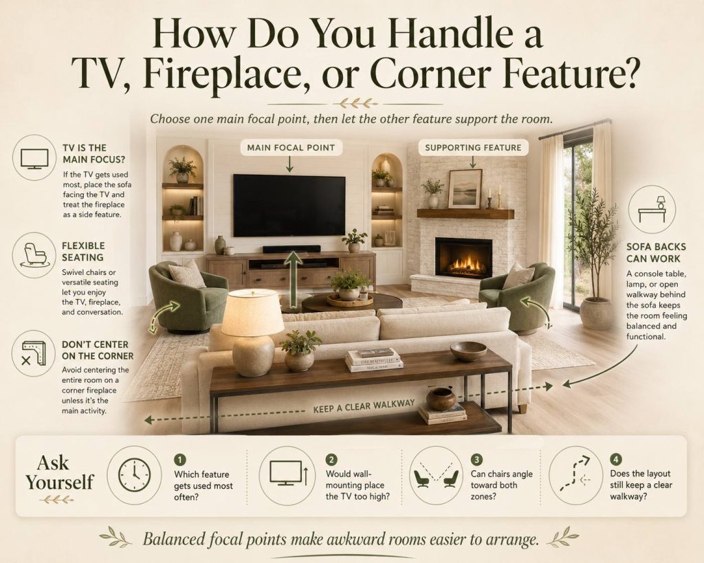 the way to handle a tv, fireplace, or corner feature: choose one main focal point, then let the other feature support the room