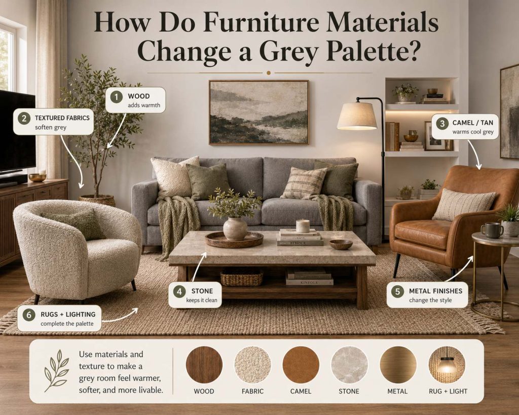 furniture materials can also change a grey palette: wood tones add warmth, textured fabric soften grey, camel or tan accents warm cool grey, stone creates a cleaner modern look, metal finishes change the style, and rugs and lighting complete the palette