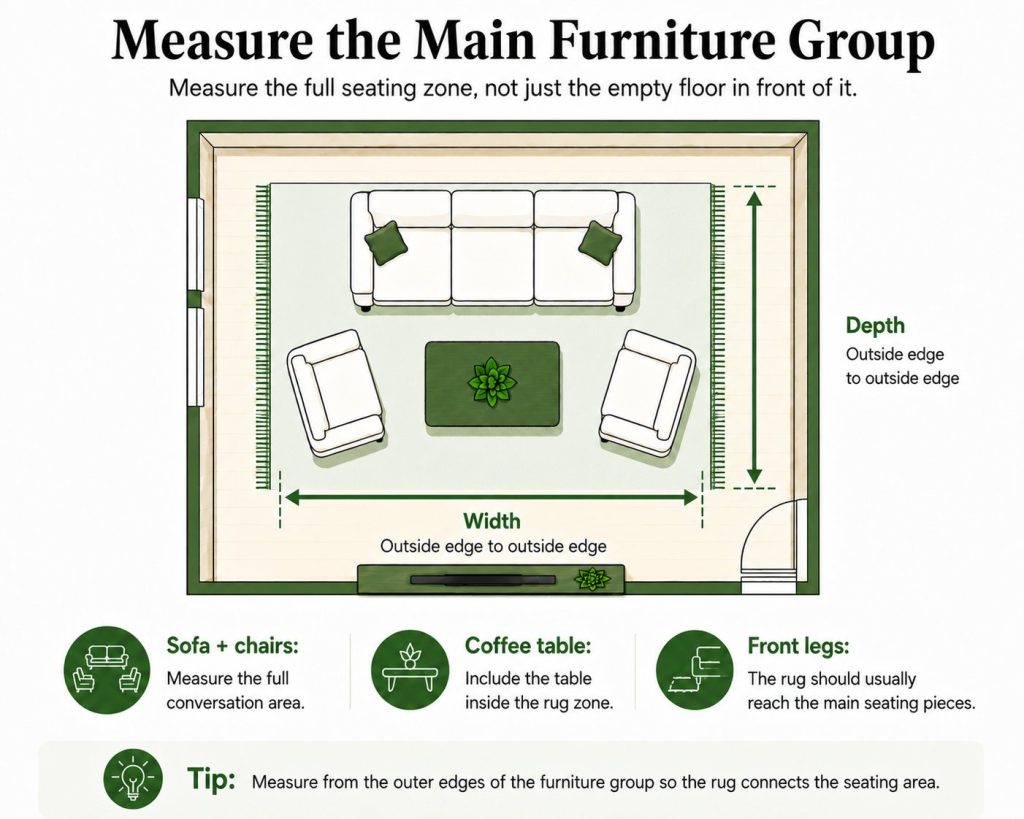 when measuring the size of a rug, it is better to measure the main furniture group, like sofa, chairs, coffee table and front legs