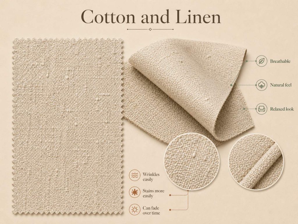 the pros of cotton and linen are breathable, natural feel and relaxed look. while their cons are wrinkles easily, stains more easily and fade over time