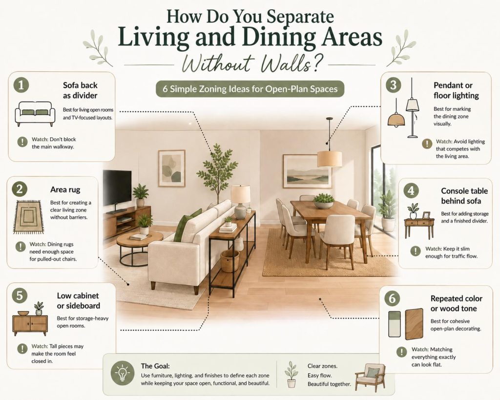 follow these advice to separate living and dining areas: sofa back as divider, area rug, pendant or floor lighting, console table behind sofa, low cabinet or sideboard, and repeated color or wood tone