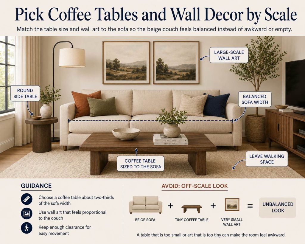 pick coffee tables and wall decor by scale to style around a beige couch without making it look flat, match the table size and wall art to the sofa so the beige couch feels balanced instead of awkward or empty
