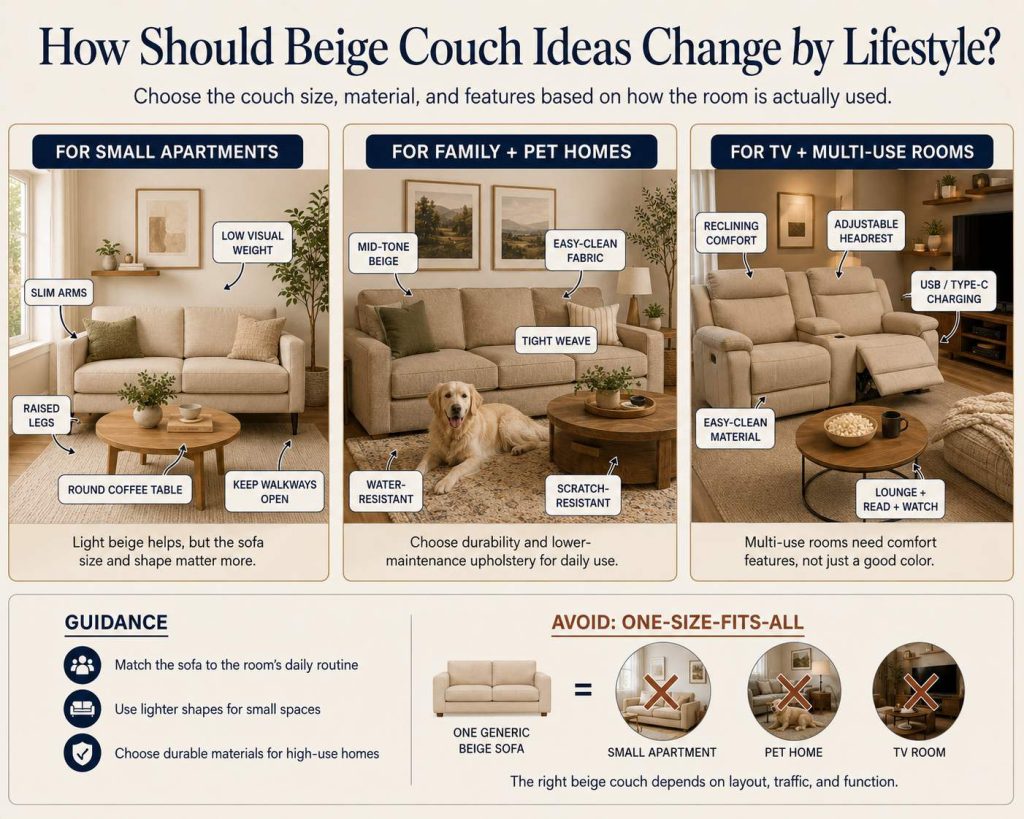 choose the couch size, material, and features based on how the room is actually used