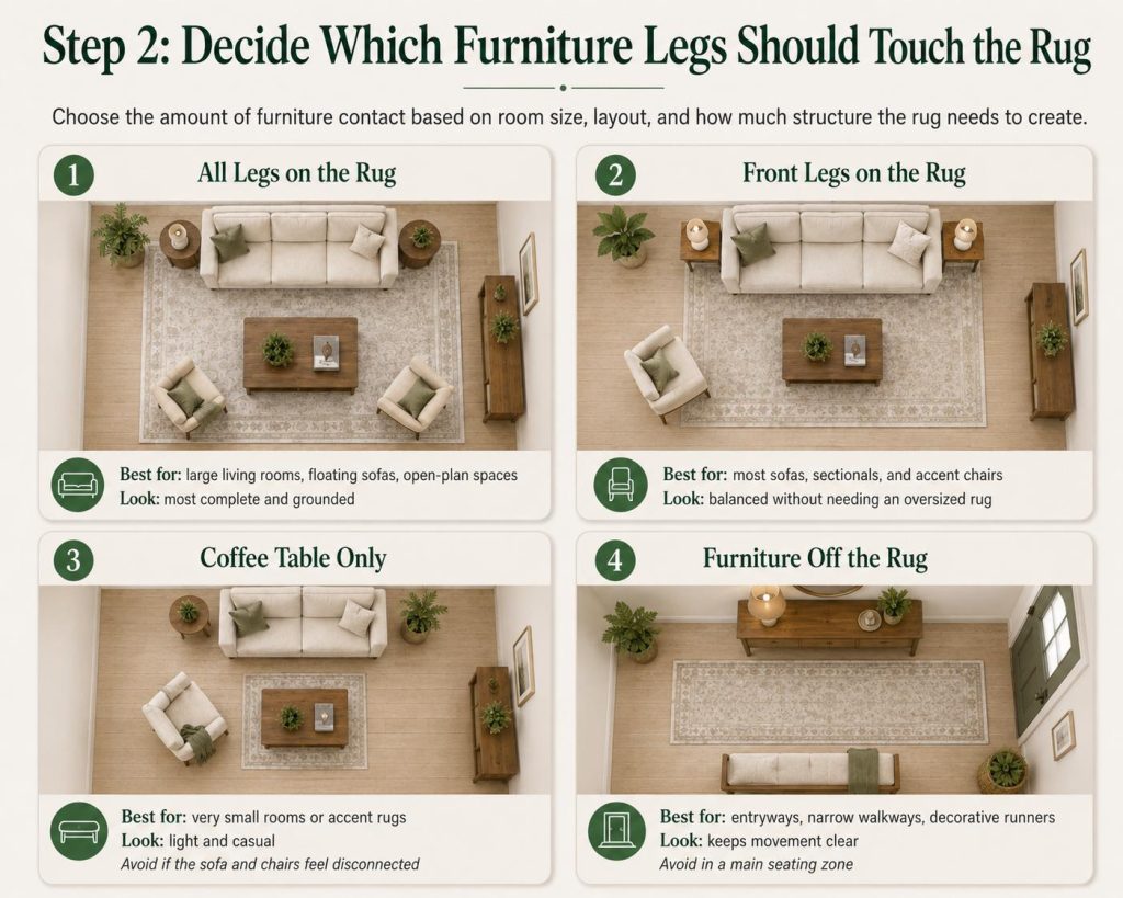 steps to lay rugs around furniture: the second step is to decide which furniture legs should touch the rug, choose the amount of furniture contact based on room size, layout, and how much structure the rug needs to create