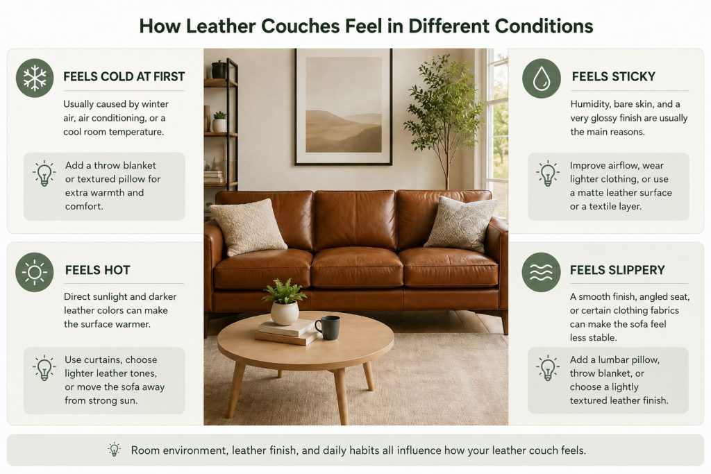 how leather couches feel in different conditions? here are four different conditions that helps you: cold, hot, sticky or slippery