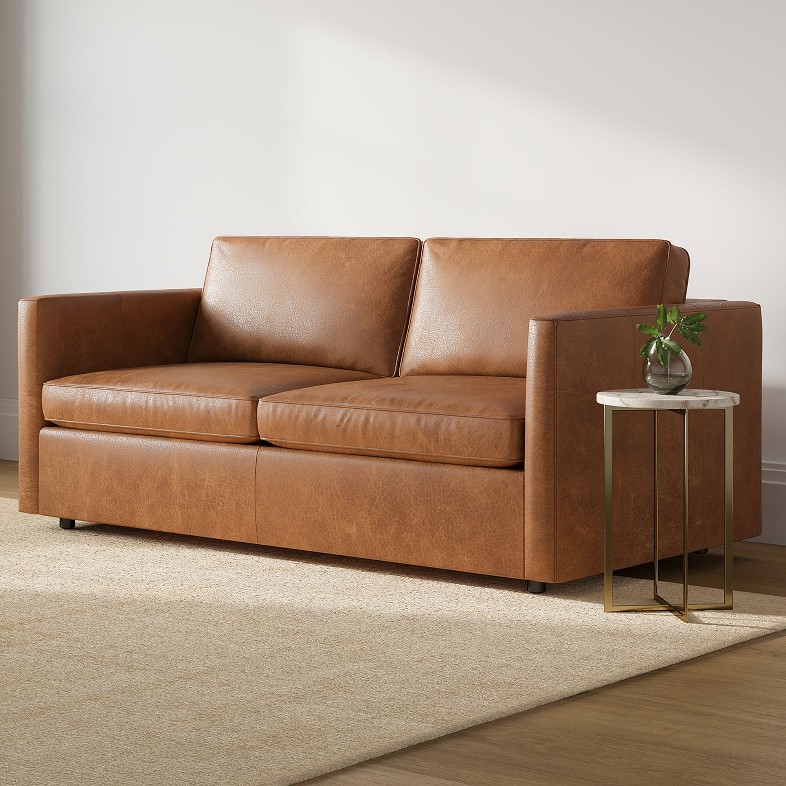 West Elm Harris Brown Leather Queen Sleeper Sofa near a round marble side table with a plant on top in a bright living room