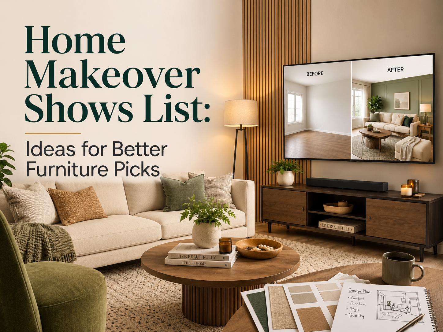 A cozy living room, before-and-after TV scene, furniture planning notes, and warm modern decor.