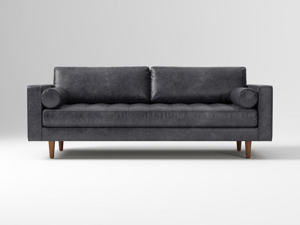 West Elm Dennes black Leather Sofa with square arms and roll cushions for modern style living rooms