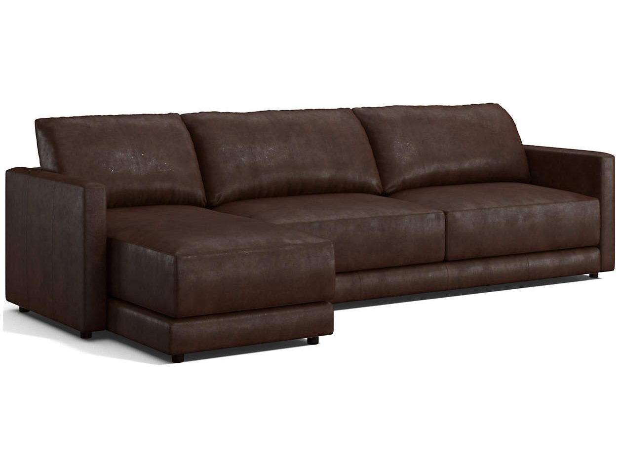 Crate & Barrel Gather 2-Piece Leather Sectional Sofa in dark brown with chaise and square arms