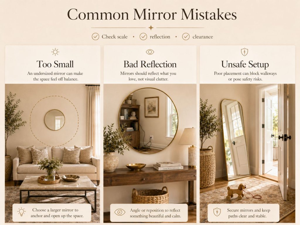 Common mirror styling mistakes include undersized mirrors, cluttered reflections, and unsafe floor mirror placement in warm neutral interiors.