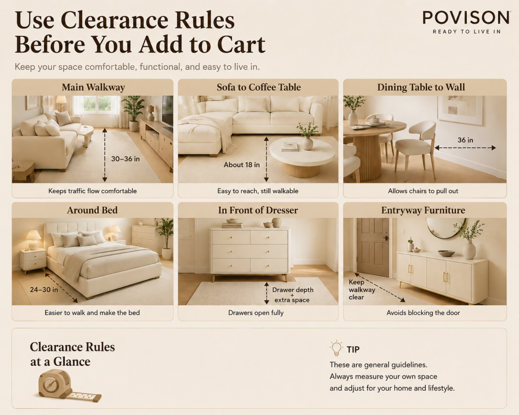 Key furniture clearance rules for walkways, coffee tables, dining areas, beds, dressers, and entryways.