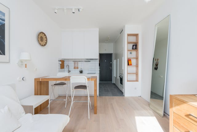 Bright and airy modern apartment with minimalist decor and open kitchen design.