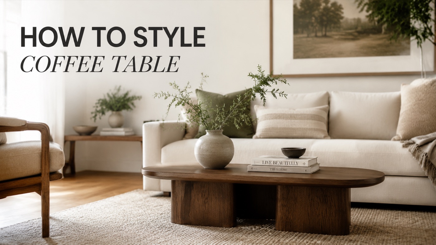 POVISON coffee table styled with tray books and open surface space