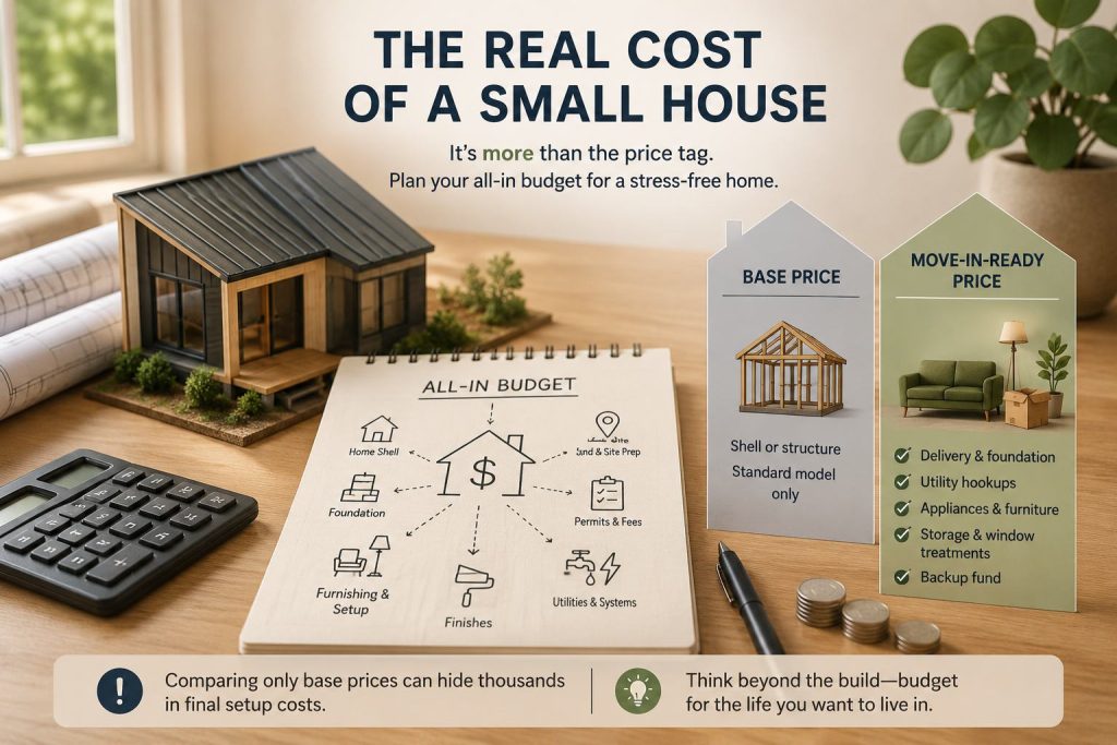 A small house model beside budgeting tools, showing that real costs include land, permits, utilities, finishes, and move-in setup beyond the base price.