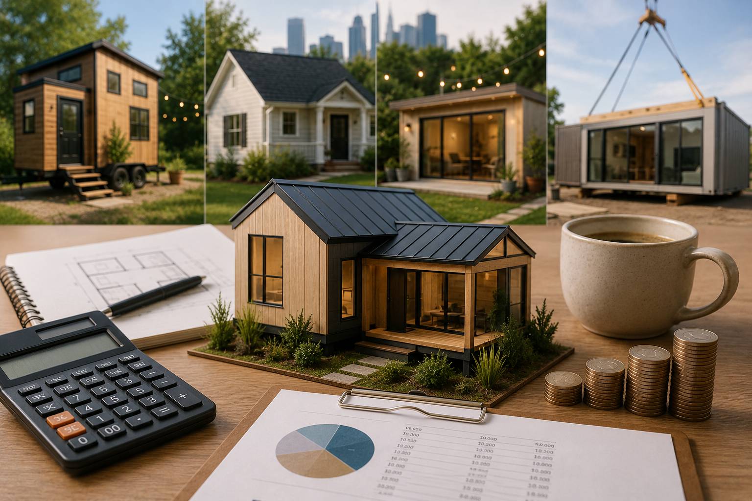 A modern small house model with budget tools and varied home types in the background, showing planning choices beyond the sticker price.