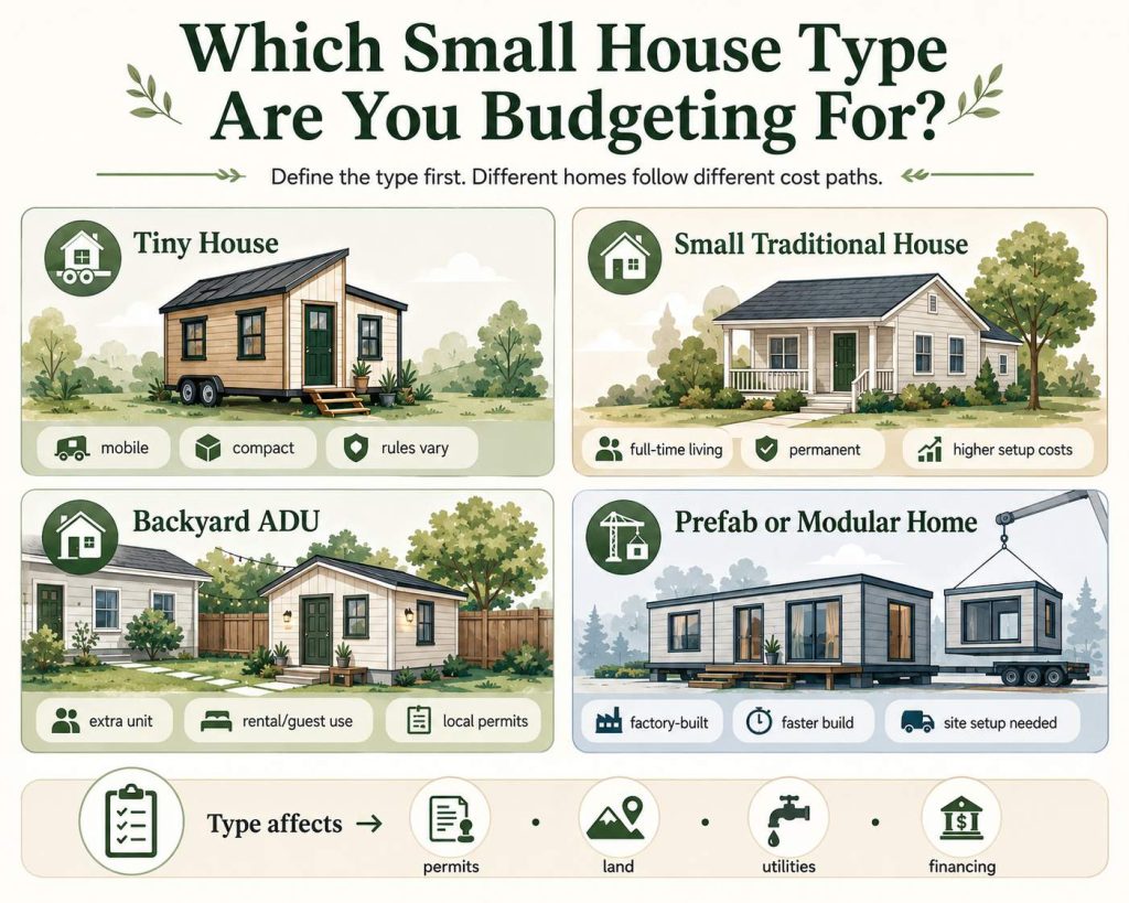 Four small home styles shows tiny homes, traditional small houses, backyard ADUs, and modular options.