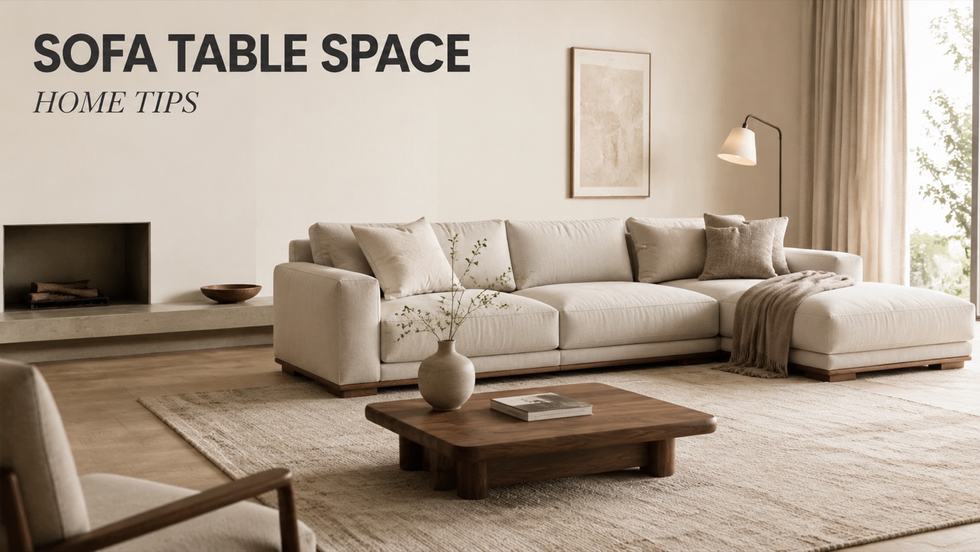POVISON sofa and coffee table spaced 16 to 18 inches apart