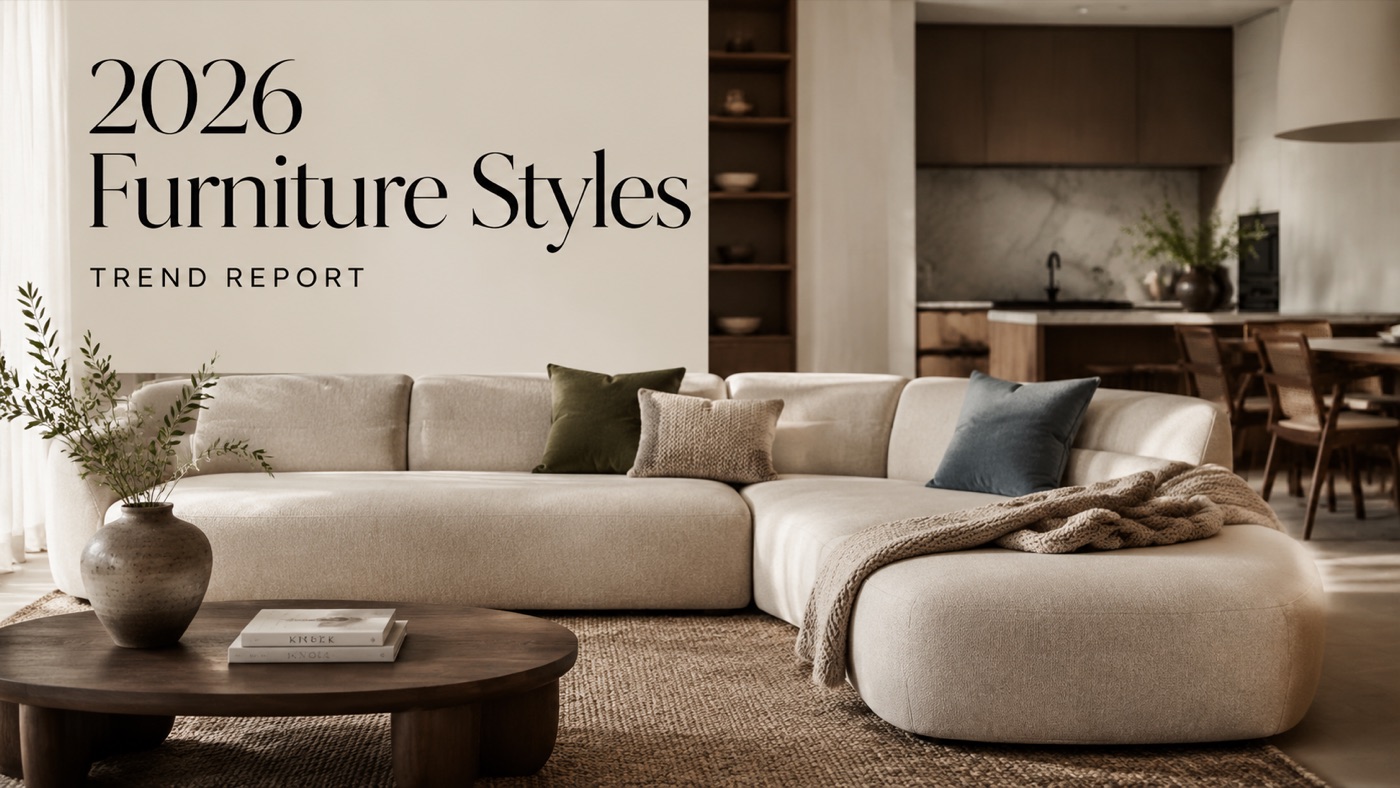 POVISON living room showing 2026 furniture trends with curves and natural materials