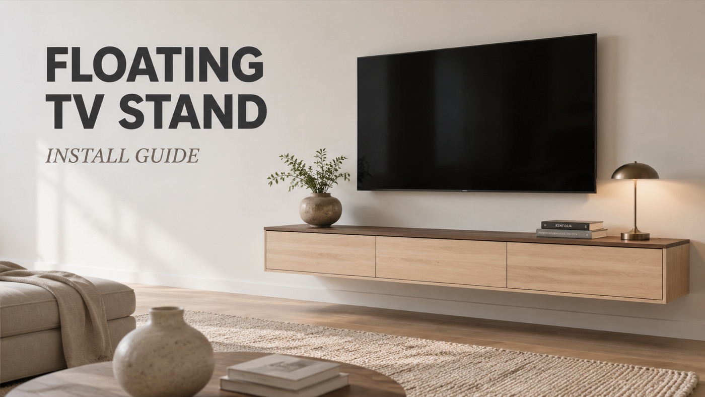 POVISON floating TV stand installed on a modern living room wall