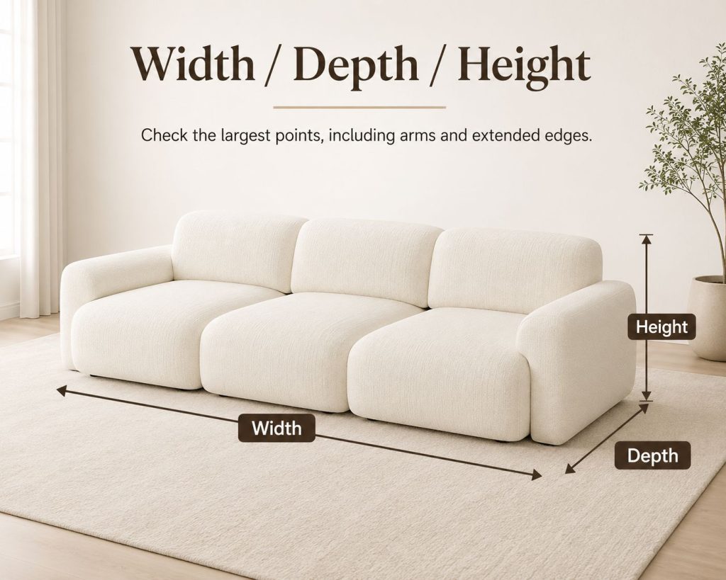 The  3 measurement dimensions of  a cream-colored sofa in a bright, minimalist living room.