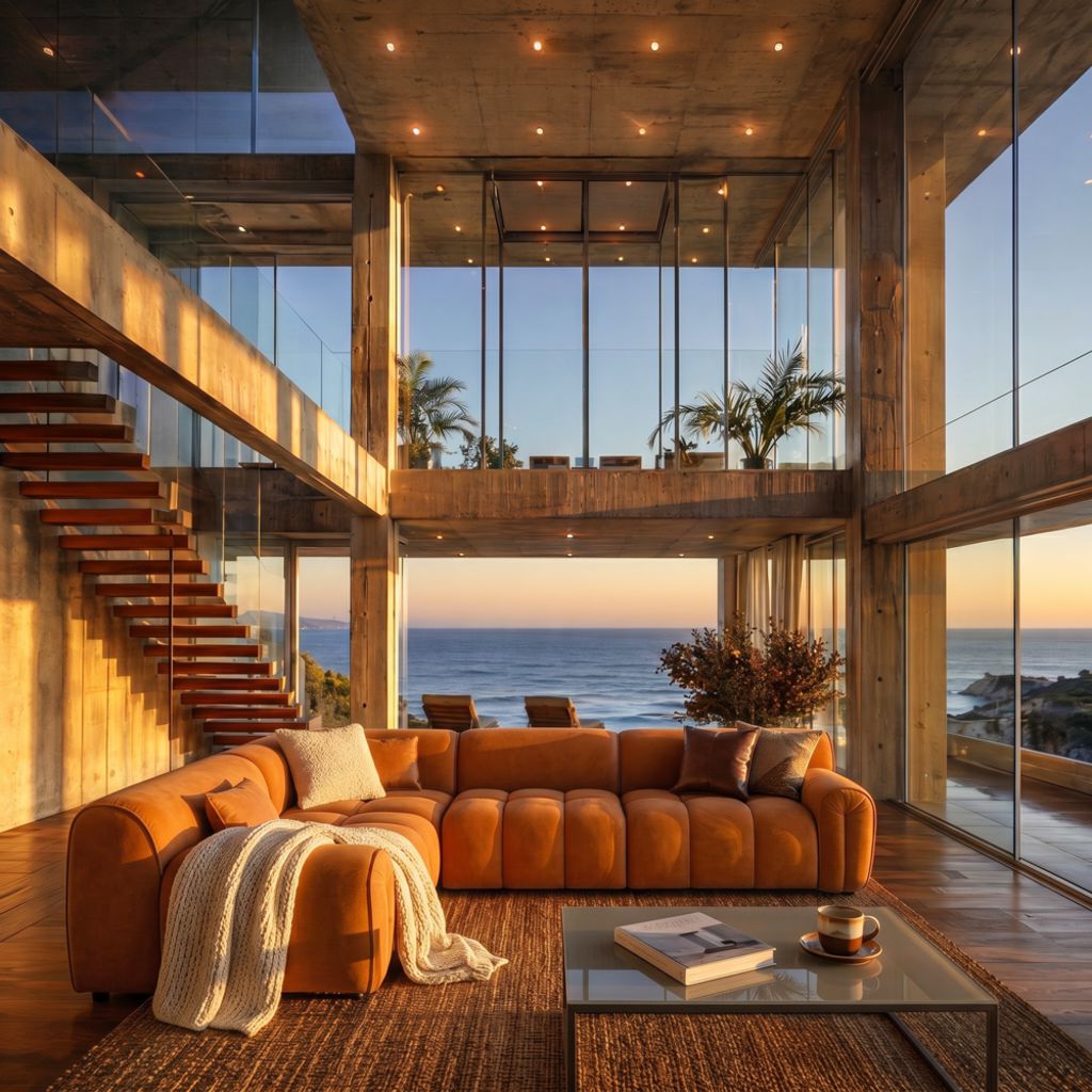 Orange curved sectional sofa with rounded arms and tufted cushions in a modern oceanfront living room with floor-to-ceiling windows and a glass coffee table.