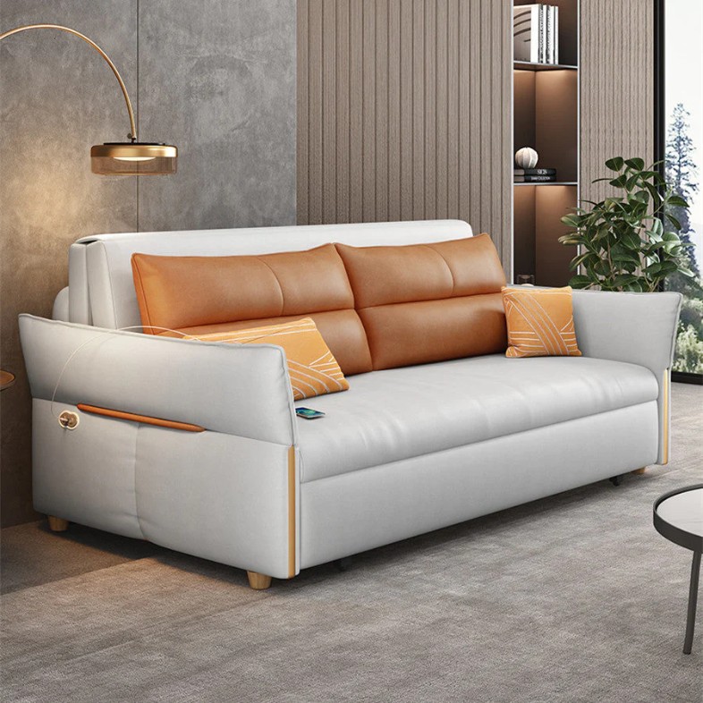an SPS Remote Controlled Power Sleeper Sofa Bed with Underneath Storage Drawer near a round coffee table in a compact and modern living room