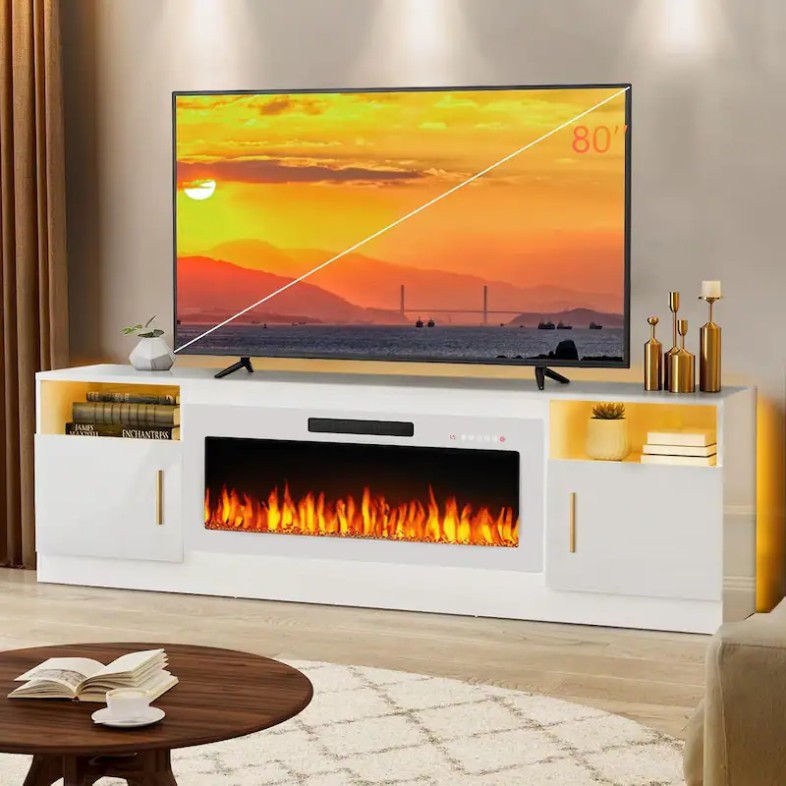 a white tv stand with Electric Fireplace and LED lights and a tv on top near a round wood coffee table in a bright living room
