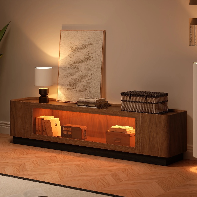 Homary 79” White Glass Door TV Stand with Storage, LED, a lamp and decorations on top in a warm and cozy living room