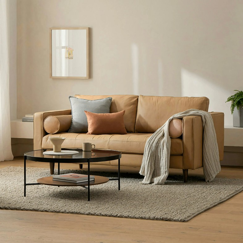 Article Sven 72" Tufted Leather Loveseat with cushions near a round glass black coffee table and a plant in a cozy and modern living room