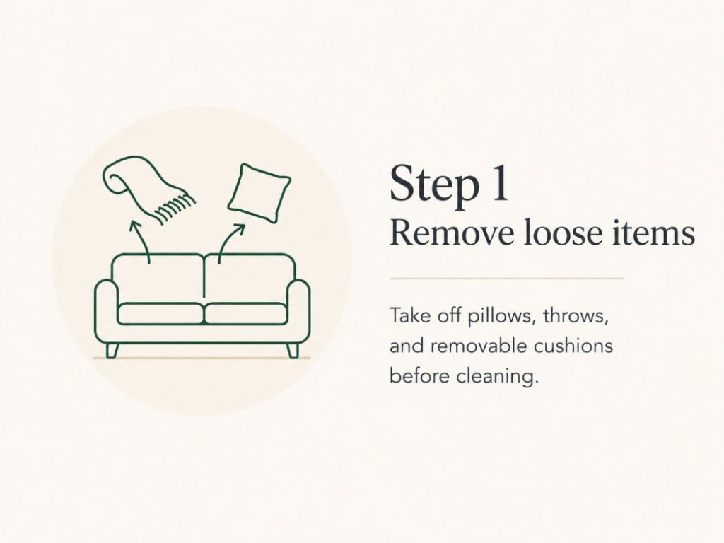 couch-cleaning Step 1: Remove Loose Items and Cushions