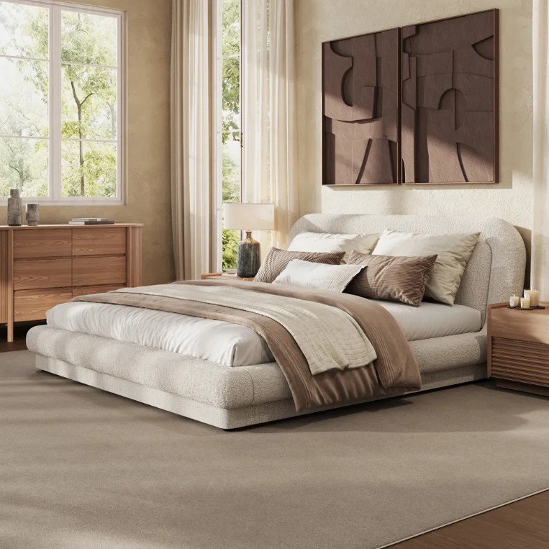 Povison Beige Chenille Upholstered Bed in king size with two nightstands near a dresser in a bright and modern living room
