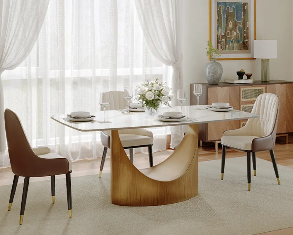 povison Hobart-Rectangular Sintered Stone Dining Table with glossy white sintered stone top, bronze metal base, and 4-6seat size in a modern and bright dining room