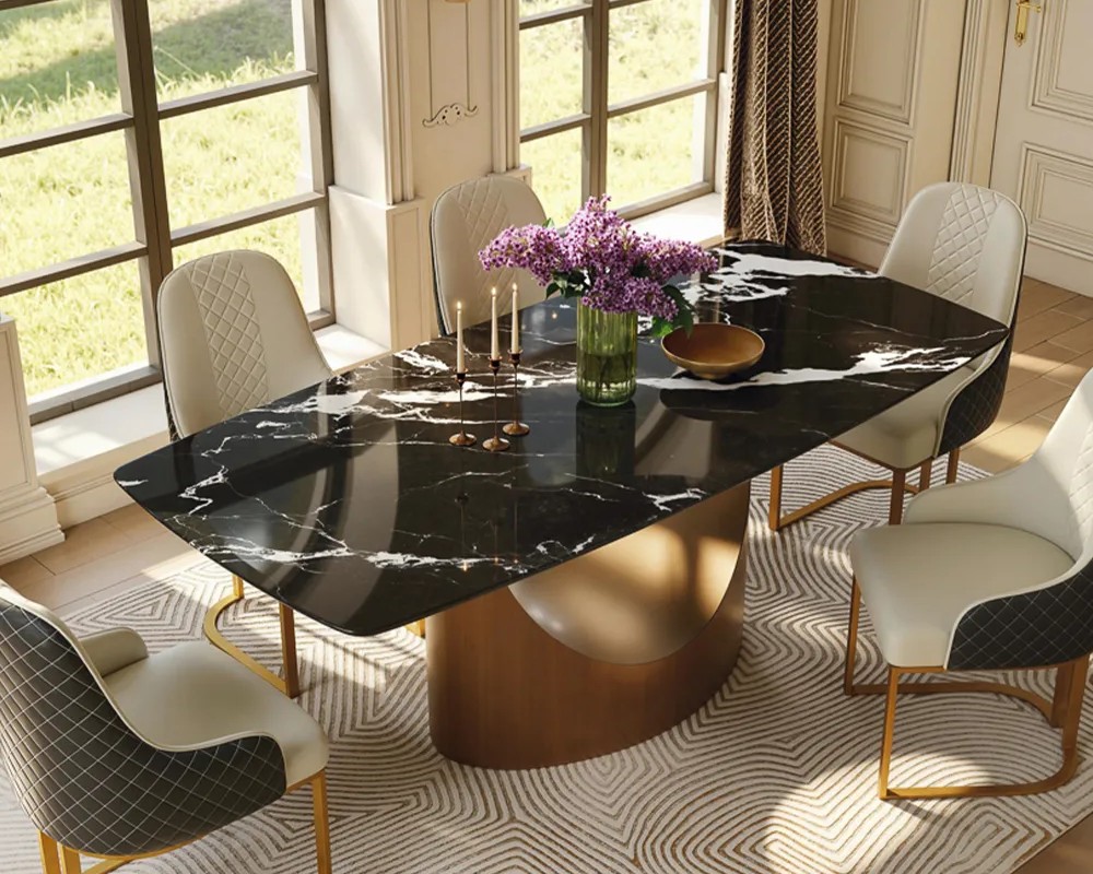 povison 71" Modern Black Luxury Marble Dining Table with black natural marble top, bronze stainless steel base, and 6-seat scale in a modern mid-century dining room