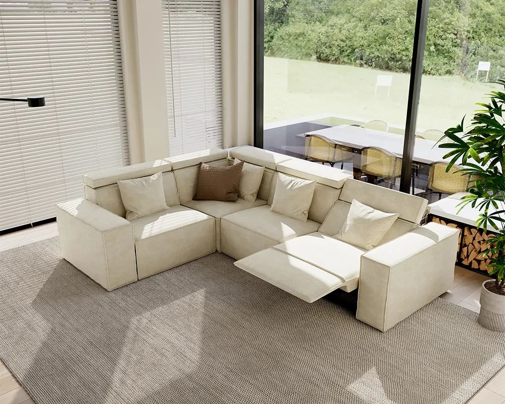 POVISON Barrett L Shaped Power Reclining Sofa with cushions near a plant in a bright and modern living room