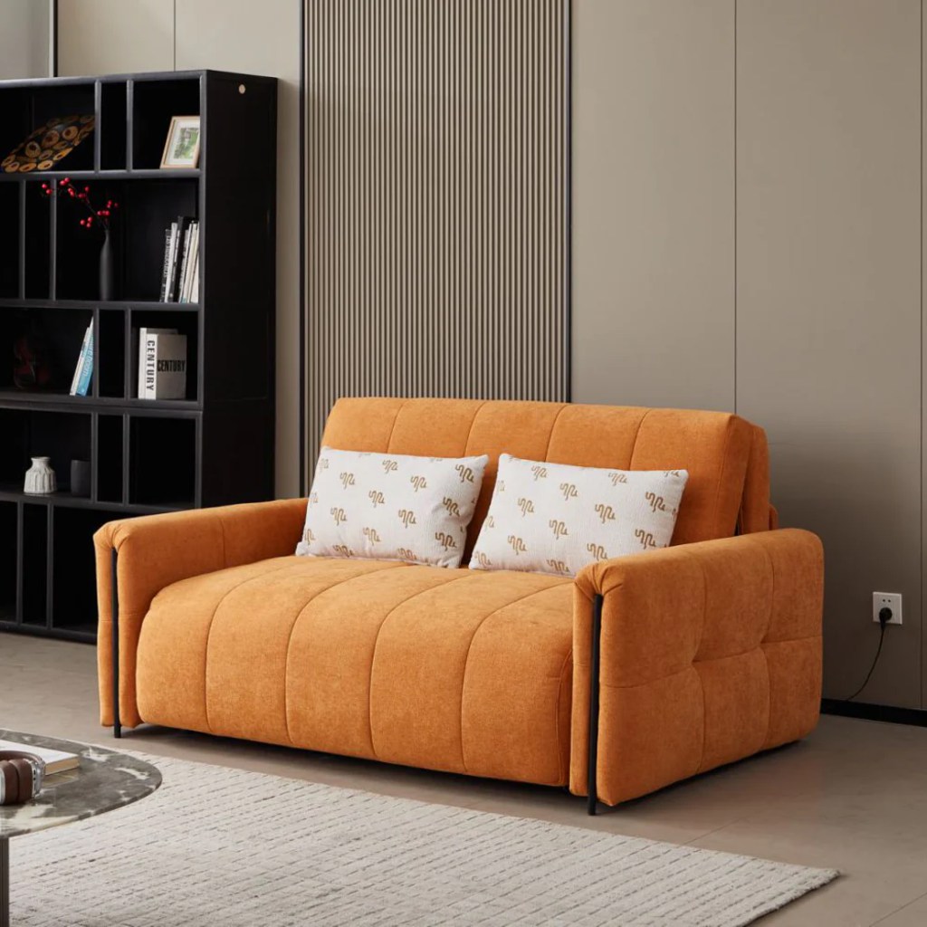 JASIWAY Electric Recliner Sofa Bed with Motorized Footrest near a black bookshelf and an oval marbel coffee table in a modern and stylish living room