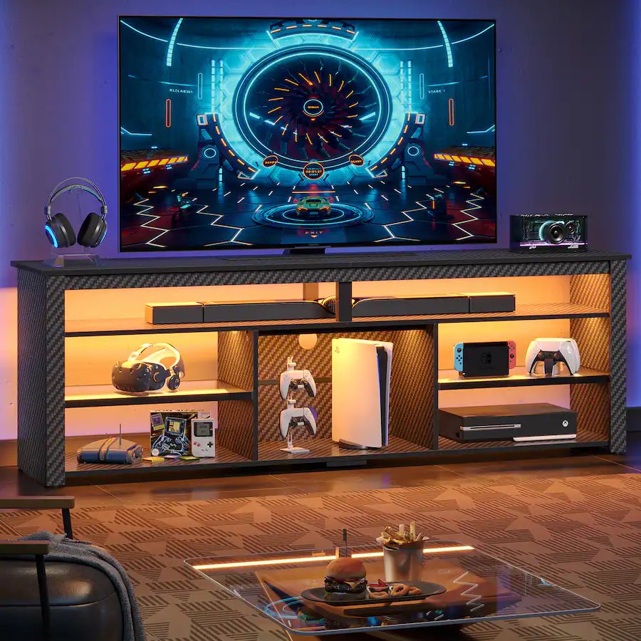 Bestier 70'' Gaming TV Stand with Open Storage & LED Lights for VR device, handheld game console, PS5 and controllers