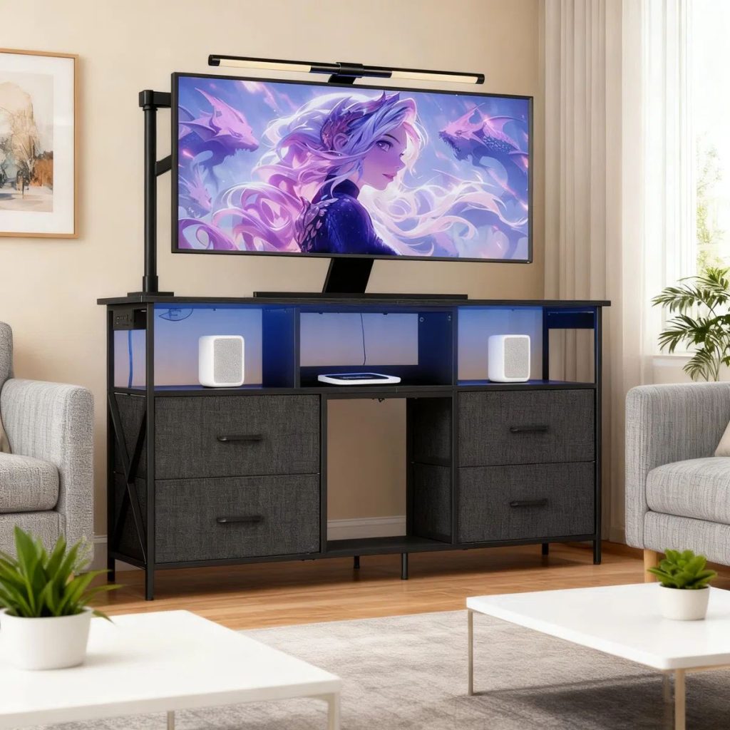 Ivy Bronx Gaming TV Stand with Power Outlets & LED Lights and drawers for soundbar, game console and tv near two sofas and coffee tables in a bright living room