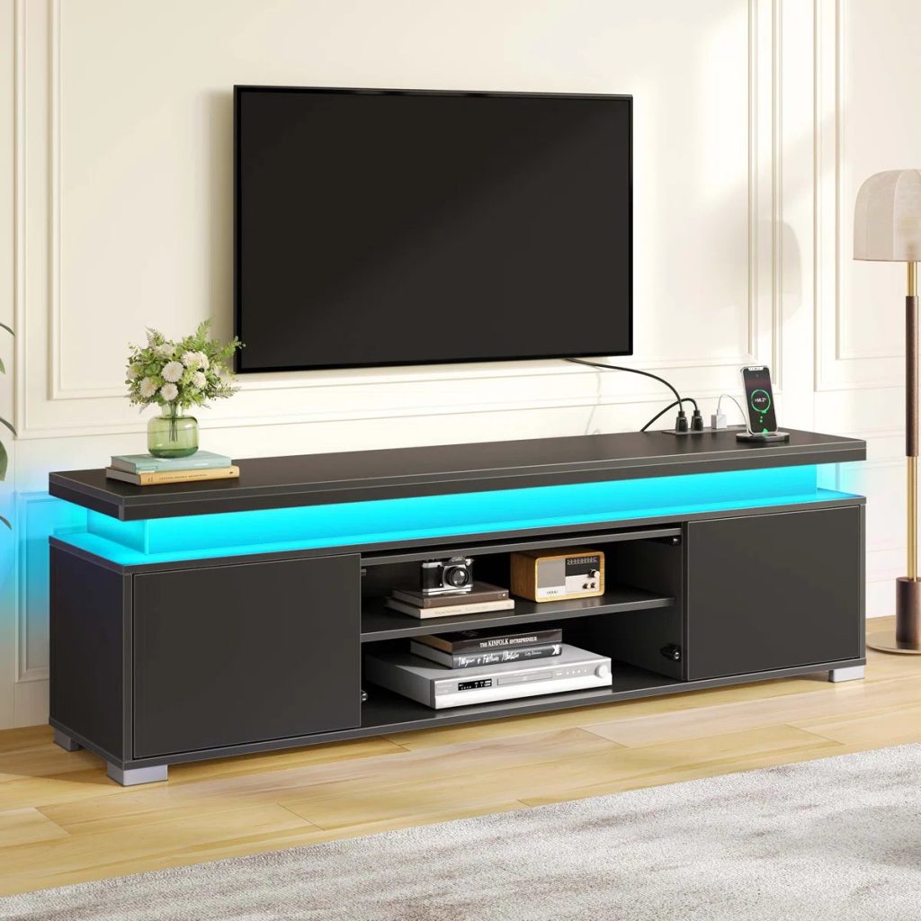 Wrought Studio TV Stand with RGB LED Lights & 4 AC Outlets for media player, game console and decorations in a modern living room