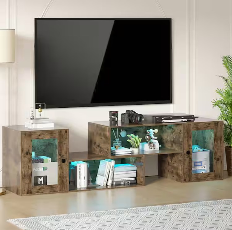 VECELO Deformable LED TV Stand with Power Outlets & USB Ports with storage for books, game consoles, media and stuff near a floor lamp in a modern and cozy living room