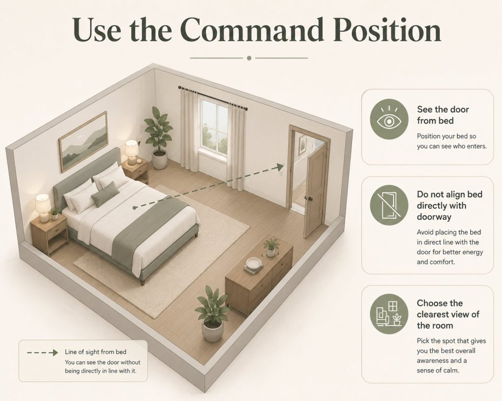 the way to decorate your bedroom for feng shui: use the command position for your bed